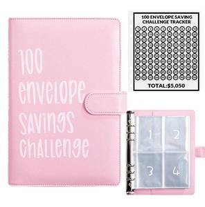 lot 6372 image: AASLOB 100 Envelopes Money Saving Challenge, 100 Envelope Challenge Binder, Easy and Fun Way to Save $5,050, Savings Challenges Budget Book Binder with Cash Envelopes for Office,Home,School (Pink)