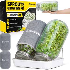 lot 6385 image: LARGE SIZE 2000ml(68oz) Seed Sprouting Mason Jar Kit with Stand,Drain Tray, Screen Lids,Blackout Sleeves,Good Ventilation & Drainage Capacity,Growing Fresh Organic Mung Beans,Broccoli & Microgreens