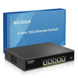 lot 6390 image: 5 Port 10G Ethernet Switch Unmanaged,with 5X 10Gb Base-T RJ45 Ports, NICGIGA 10Gbps Network Switch Easy for 10G NAS,PC,WiFi7 Router,10G AdapterNIC. Desktop or 19-inch Rack Mount, Plug and Play.