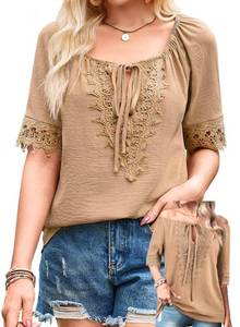 lot 6410 image: Falechay Summer Off The Shoulder Tops for Women Cute Sexy Short Sleeve Womens Shirts Crochet Tunic Top Fashion Lace Bohemian Clothes Puffed Chiffon Outfits Womens Blouses Loose Fit Flower Tee Khaki L
