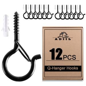lot 6429 image: ADIIL 12 PCS Q Hanger Hooks with Safety Buckle, Windproof Screw Hooks for Hanging Outdoor String Lights, Plants, Christmas Patio Lights, 2.2 Inches, Black