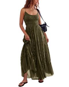 lot 6439 image: Gacaky Summer Dress for Women - Green, Small - Casual Lace Floral Embroidered Bohemian Maxi Dress - A Line, Sleeveless, High Waist, Scoop Neck - Perfect for Beach, Vacation, Party size S