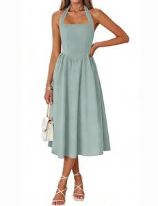 lot 6470 image: Naggoo Womens Summer Dress Backless Halter Neck Adjustable Strap Flowy Long Midi Dresses with Pockets Green M