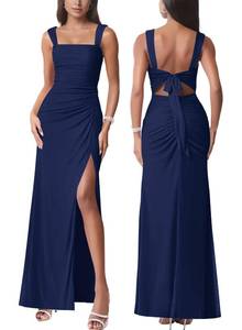 lot 6471 image: Women Sexy Tie Low Back Sleeveless Split Maxi Dress Party Cocktail Long Dresses for Wedding Guest, Navy Blue Medium