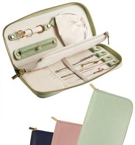 lot 6472 image: FEMIECHO Travel Jewelry Organizer Case - for Tangle-Free Necklaces, Earrings, Rings, Bracelets Storage, Travel Essentials, Fashion Portable Jewelry Travel bags for Women - Large Macaron Green