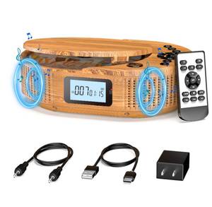 lot 6482 image: CD Player Portable, FELEMAN Upgraded Portable CD Player & Bluetooth Speaker 2 in 1 Combo (Wood Tone)