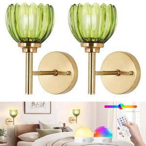 lot 9199 image: Vintage battery operated wall sconce Set of Two,Wireless wall sconces with Remote,Rechargeable Wall lamp with Green Tulip Glass Shade,15 Colours Dimmable Wall light for Bedroom Bathroom Hallway