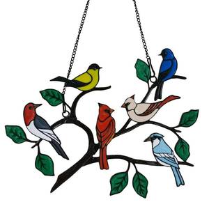 lot 10274 image: Six Birds Cardinal Gifts Stained Metal Window Hangings, Multicolor Bird On A Wire Window Panel Decor Series Ornament Home Wall Garden Decoration Love Gifts