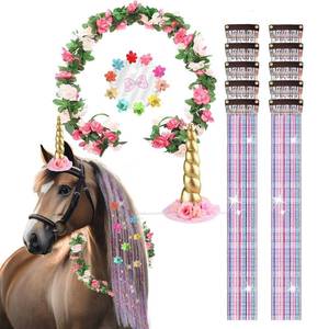 lot 10277 image: 22Pcs Horse Costume, Unicorn Horn, Pony Bling Hair Accessory Set, Horses Tail Extension with Mini Clip, Pony Tinsel Purple Flower Vine for Real Horse Birthday Party Decor