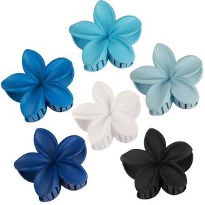 lot 10287 image: CHANDAT Flower Hair Clips 6 PCS Hawaiian Claw Clips for Vacation Hibiscus Hair Claw Cute Large Hair Clips for Thick and Thin Hair Plumeria Hair Accessories for Women Girls -Blue
