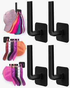 lot 10291 image: Sunfanie Hat Rack for Hat Storage (4-Pack), Multi-Purpose Hat Organizer, Strong Adhesive Hat Hooks for Wall Organizer for Baseball Caps, Two Mounting Options Hook, Black