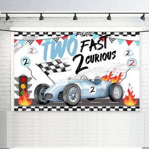 lot 10295 image: Two Fast 2 Curious Racing 2nd Bday Car Birthday Banner Backdrop - Racing Themed Party Supplies