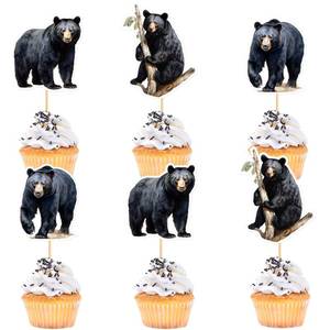 lot 10308 image: Ercadio 24 Pack Black Bear Cupcake Toppers Black Bear Cupcake Picks Animal Cupcake Picks Bear Birthday Cupcake Decorations for Baby Shower Birthday Animal Theme Party Cake Decor Supplies