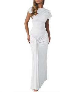 lot 10310 image: Mojessy Women Bodycon Maxi Dress Sexy Mock Neck Ruched Short Sleeve Long Dress Cocktail Dresses White