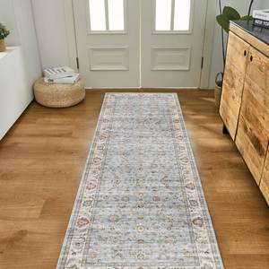 lot 11654 image: 2.6x8 Runner Rugs for Hallway Bathroom Machine Washable Non Slip Vintage Carpet - Low Pile Lightweight Print Rug for Kitchen Laundry Room Bedroom Beside Rug - Pet & Kids Friendly (Light Blue)