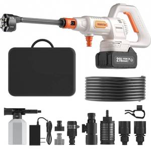 lot 11661 image: Cordless Portable Washer, 1200 PSI Battery Operated Washer with Brushless Motor, Battery, 23FT Elastic Hose, 3 Level Adjustable Handheld Washer for Car, Home, Patio, Driveway