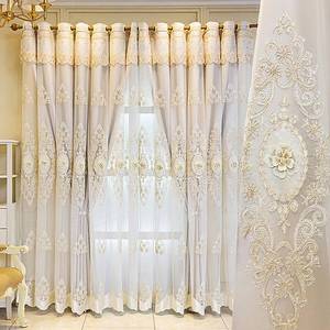 lot 11666 image: Amidoudou 1 Pair European Double Layer Curtains with Valance for Living Room Bedroom Luxury 3D Flower Embroidered Curtains (Beige,51x96 Inch)