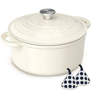 lot 11669 image: Enameled Cast Iron Dutch Oven - Umite Chef 5QT Pot with Lid & Cotton  Potholders - Heavy-Duty Cookware for Bread Baking, Braising, Stews, Roasting(Cream White) (Used) (No Lid)