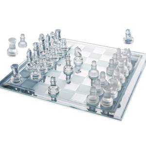 lot 11672 image: Gamie Premium Glass Chess Set, 10 Inch - Elegant Design - Durable Build - 32 Frosted and Clear Pieces - Felted Bottoms - Easy to Carry - Stable & Fully Functional for Chess Lovers