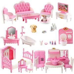 lot 11675 image: Xadothat Dollhouse Furniture Set, Complete Room Collection with Kitchen, Dining, Living Room, Bedroom and Bathroom Accessories, Plastic (36-Piece Pink)