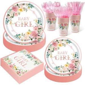 lot 11677 image: 350 Pieces Baby Shower Decorations for Girl Serves 50 Guests, Floral Disposable Dinnerware Set, Pink and Rose Gold Paper Plates Cups Napkins with Plastic Cutlery