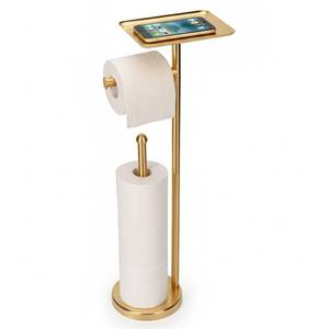 lot 11693 image: Gold Toilet Paper Holder with Shelf, Freestanding Tissue Holder Stand with Storage Space for Extra 4 Toilet Paper Rolls (Stainless Steel Base, Gold)