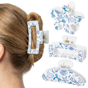lot 12162 image: PANTIDE 3Pcs Blue Bow Starfish Seashell Hair Claw Clips for Women Girls - Summer Ocean Coastal Rectangle Flower Banana Nonslip Acrylic Hair Clip Accessories, Mermaid Wedding Birthday Party Gift (Only Is broken)