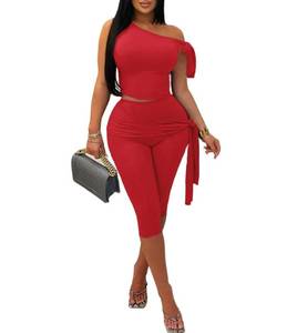 lot 12170 image: Vssjavun Womens 2 Piece Outfits Sexy Sleeveless One Shoulder Crop Tops Bodycon Capri Pants Sets Party Clubwear LightRed XL