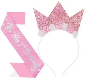 lot 12187 image: Papoopy Birthday Headband Crown with Sash for Party Decorations (Pink, 7th)