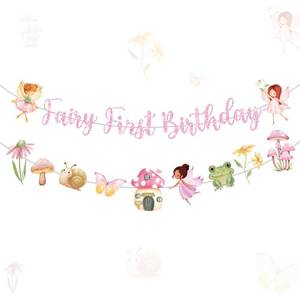 lot 12213 image: Tiamon Fairy First Birthday Decorations Banners Glitter Pink 1st Fairy Birthday Banner Hanging Garlands for Baby Girl Wonderland Garden Tale Themed Party Decor Supplies