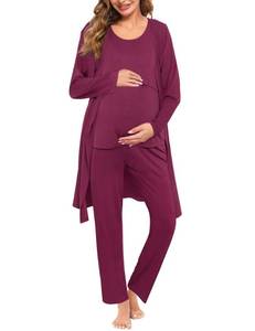 lot 12228 image: SWOMOG Maternity Nursing Robe Set 3 PCS Women Postpartum Pajamas Breastfeeding Labor Delivery Hospital Pregnancy Pjs (Burgundy, Medium)