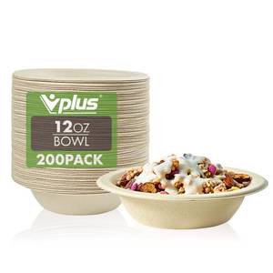 lot 13804 image: Vplus 200 Pack 12 OZ Paper Bowls, Disposable Compostable Bulk, Eco-friendly Bagasse, Heavy-duty Bowls Perfect for Milk Cereals, Snacks, Salads