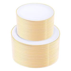 lot 13807 image: KIRE 200PCS Gold Plastic Plates - Disposable Plates for Party - White Plastic Plates with Gold Rim Include 100 for Dinner and 100 for DessertSalad in WeddingPartySpringGraduation