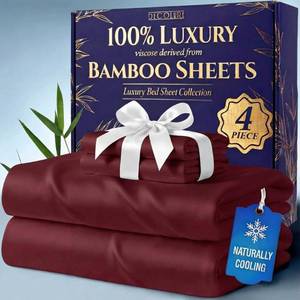 lot 13812 image: DECOLURE 100% Viscose Derived from Bamboo Sheets Queen Size - Luxury 4 Pc Naturally Cooling Sheets, Ultra Soft Bed Set - Deep 17 Pockets, Durable Double Stitching, Oeko Tex Standard (Burgundy)