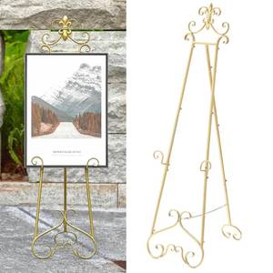 lot 13816 image: CaliDecor 60 H Gold Easel Stand for Sign, Large Adjustable Metal Display Standing for Displaying Pictures Wedding Poster Holder Showcasing with Chain Support
