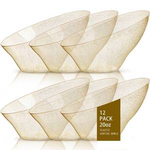 lot 13823 image: bUCLA 12 Pack Gold Glitter Plastic Serving Bowls - 20 OZ Disposable Snack, Fruit, Chip, Candy Angled Serving Bowls for Party & Thanksgiving