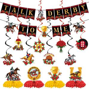 lot 14375 image: 14 Pcs Derby Decorations, Horse Racing Party Pack with Banners Hanging Swirls & Honeycomb Centerpieces, Race Day Jockey Theme Party Supplies Decor
