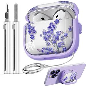 lot 14386 image: Inesore with Safety Lock for AirPods 4 Case,Clear Floral Cute AirPod 4th Generation Case for Women Girly with Cleaner Kit and Keychain- Purple Bell Flower