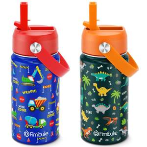 lot 14402 image: Fimibuke Kids Insulated Water Bottle, 14oz BPA FREE Double Wall Vacuum Tumbler 188 Stainless Steel Leak Proof Kids Cups with Straw Metal Bottles for School Boys Girls (2 Pack, TrucksGreen Dinosaur)