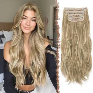 lot 14404 image: FESHFEN Clip in Hair Extensions for Women - 4 Pcs Thick Double Weft Long Wavy Soft Synthetic Blends Well Hair Extension, 20 inch Caramel Brown & Beige Blonde