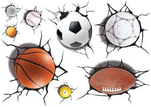 lot 14412 image: Supzone Sport Balls 3D Wall Stickers Break Through DIY Basketball, Rugby, Baseball, Football Wall Decor Boys Playroom, Bedroom, Classroom, Living Room