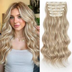 lot 14416 image: Kookastyle 20 Inch Wavy Synthetic Hair Extensions, 5 Pieces Full Wrap Edges Clip in Hair Extensions for Women, Beach Blonde Fashionable & Easy to Use