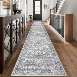 lot 17819 image: KUTA Vintage Washable Long Runner Rug, 2.6x18 Grey Blue Runners for Hallways Non-Slip Kitchen Rugs Ultra Thin Soft Printed Distressed Floral Floor Carpet for Laundry Bedroom Living Room Nursery