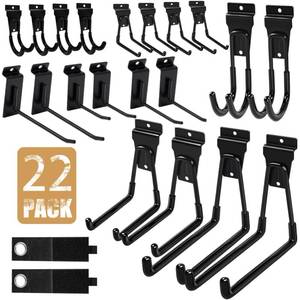 lot 17822 image: KOFANI Slatwall Accessories, 22 Pack Heavy Duty Steel Slatwall Hooks, Multi-Size Slat Wall Hanging Hooks for Ladders, Bikes, Garage and Garden Tools (ProSlat & Slatwall Panel Compatible)