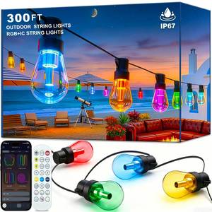 lot 17823 image: (NEEDS NEW POWER SUPPLY WILL NOT WORK WITHOUT)300FT RGBIC Outdoor String Lights, Dimmable Shatterproof LED Bulbs, IP67 Waterproof DreamColor Chasing Lights, Multicolor Dynamic Lighting for Patio Balcony Garden & Outdoor Living Area Decoration