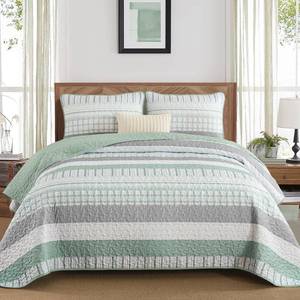 lot 17832 image: DJY Striped Quilt Set King Size, Sage Green Boho Bedspread Set 3 Pieces Patchwork Coverlet Bedding Set Lightweight Soft Microfiber for All Season (104x90)