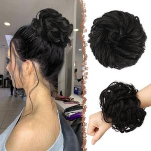lot 18032 image: FESHFEN Large Messy Bun Hair Piece - Wavy Synthetic Chignon Scrunchies Elastic Ponytail Hair Extensions Thick Hairpieces for Women, Black Brown 1.94oz