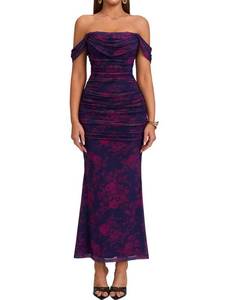 lot 18051 image: KUTUMAI Off The Shoulder Maxi Long Dress Corset Ruched Bodycon Cocktail Formal Wedding Guest Dresses for Women PurpleFloral M