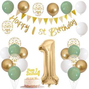 lot 18053 image: 1st Birthday Decorations for Boys Girls, Sage Green White Gold Birthday Balloons with Happy 1st Birthday Banner First Birthday Cake Decoration Number 1 Balloon for Baby 1 Year Old Birthday Party Decor