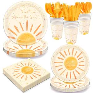 lot 18059 image: 168Pcs Boho First Trip Around The Sun Birthday Decorations- Boho Party Set with Bohemian Hippie Sunshine Theme Party Tableware Decorations Including Plates,Cups,Napkins,Baby Shower Party for 24 Guests